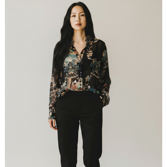 Citron Tops - A4 Auth CITRON Santa Monica Floral Black Damask Silk Long Tunic Top Blouse Sz M